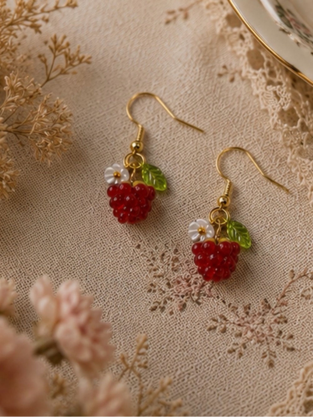 Glass Raspberry Earrings with Green Leaf and White Flower